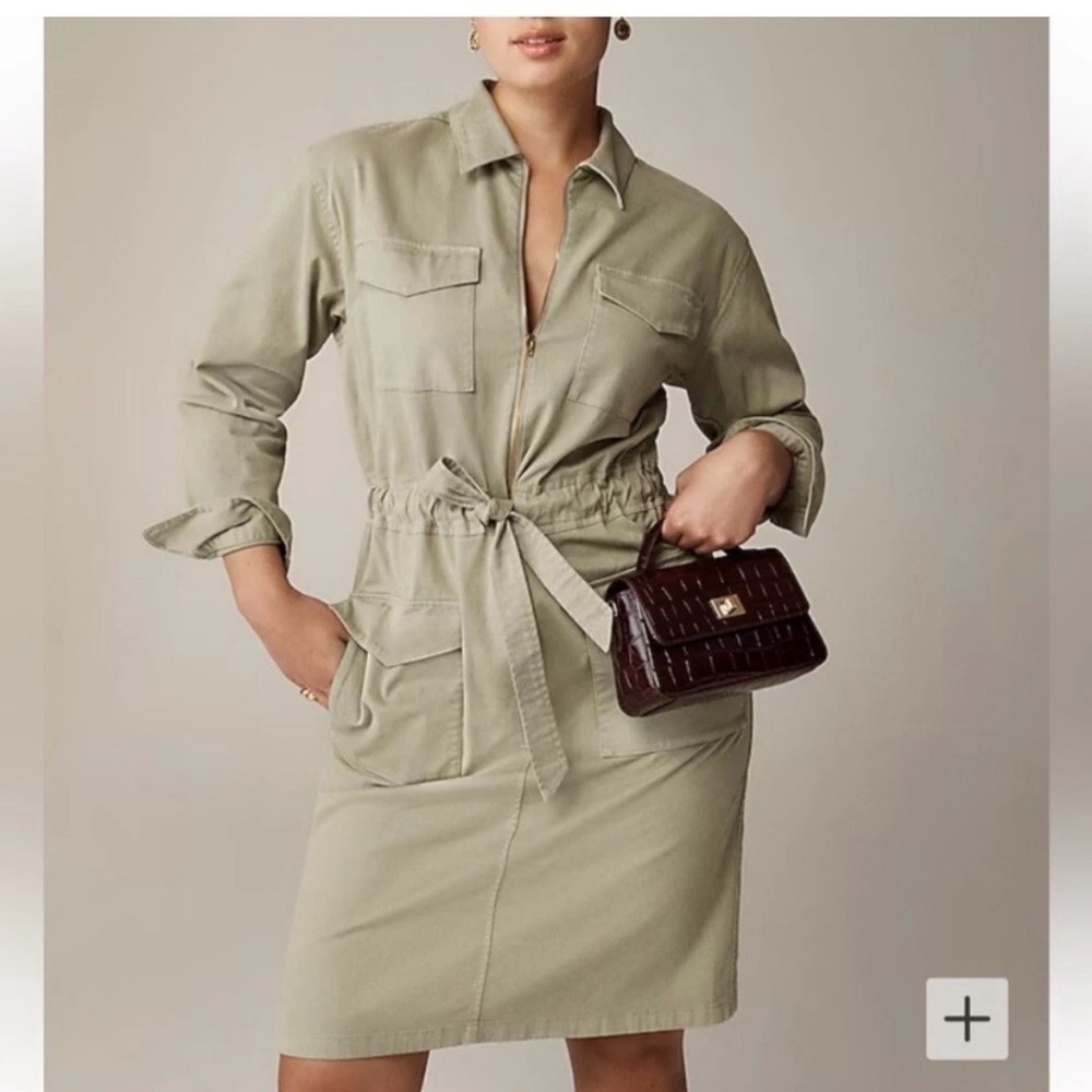 J. CREW Cinched Waist Utility Long Sleeve Sage Green Midi Shirt Dress Size 8